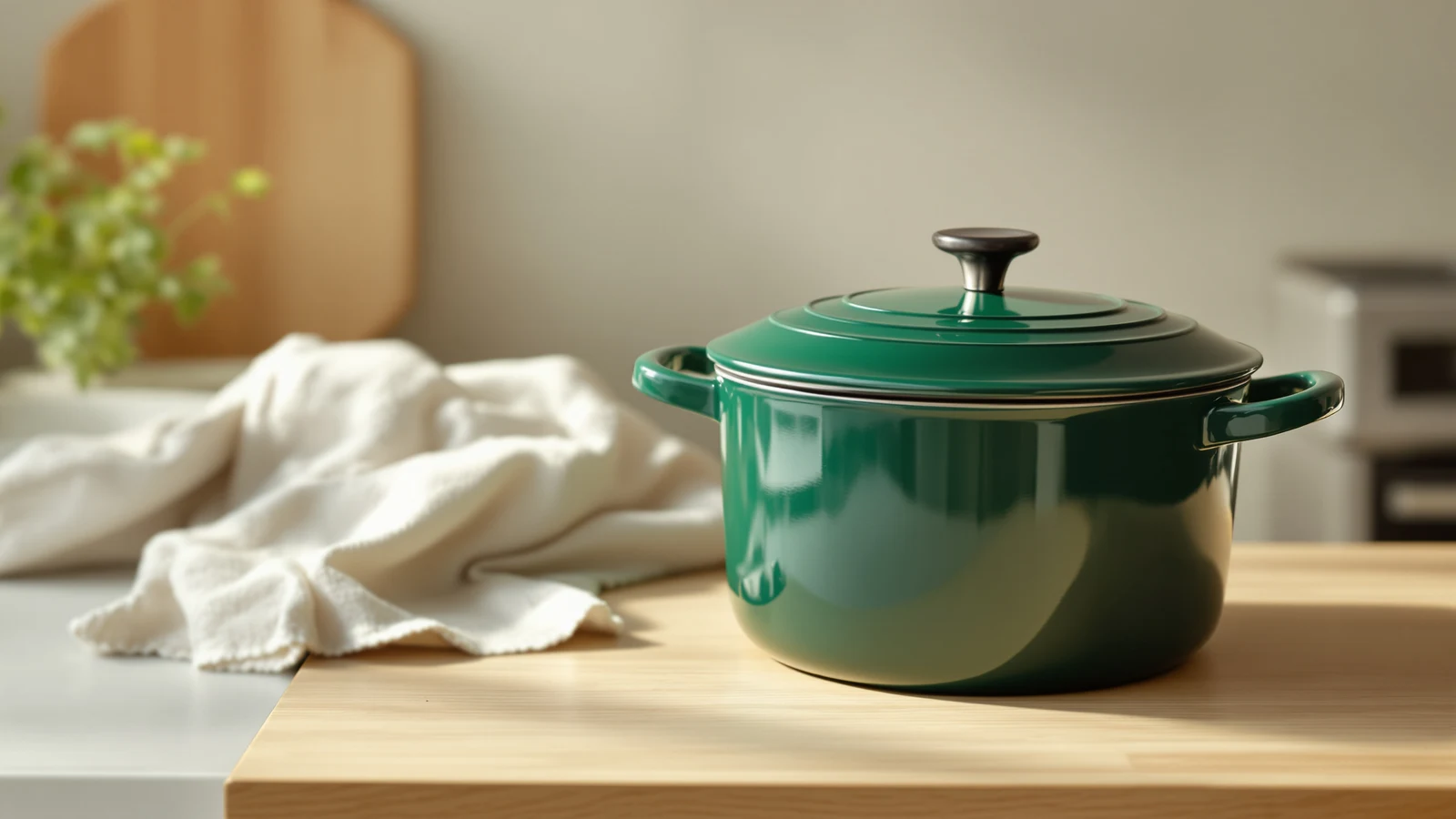 Deep green enameled cast iron Dutch oven with its lid slightly ajar on a pale oak kitchen worktop